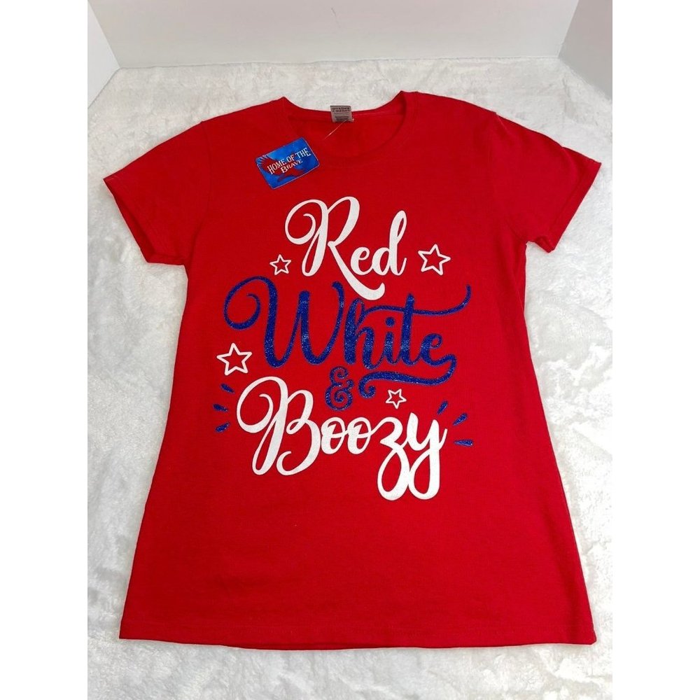 New Ladies Red White & Boozy 4th of July Tee Size Small